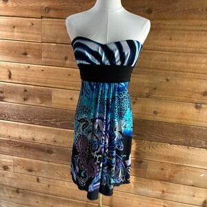 Y2K Disorderly Conduct strapless blue dress with black band. Size S